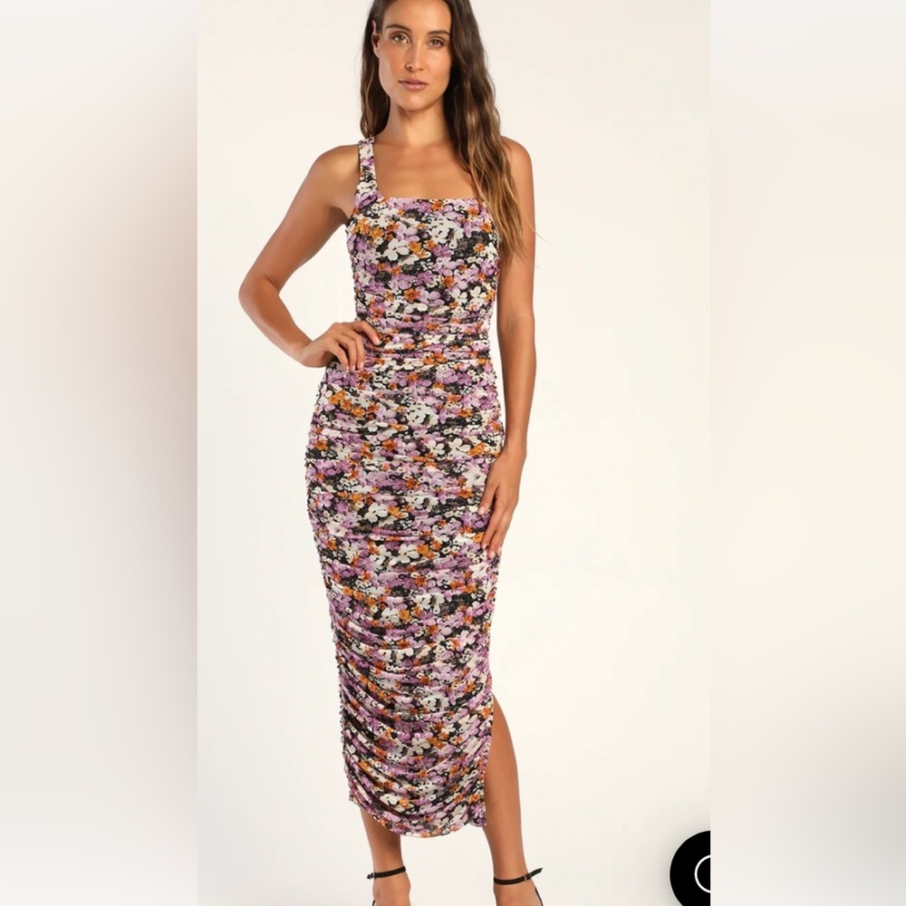 Lulus V.I.P. Treatment Floral Mesh Ruched Bodycon Midi Dress Size L